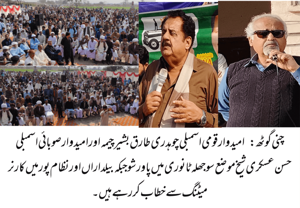 PMLQ candidates Tariq Bashir Cheema and Hassan Askari Sheikh address big public meeting at Mauza Sojla Tanvari