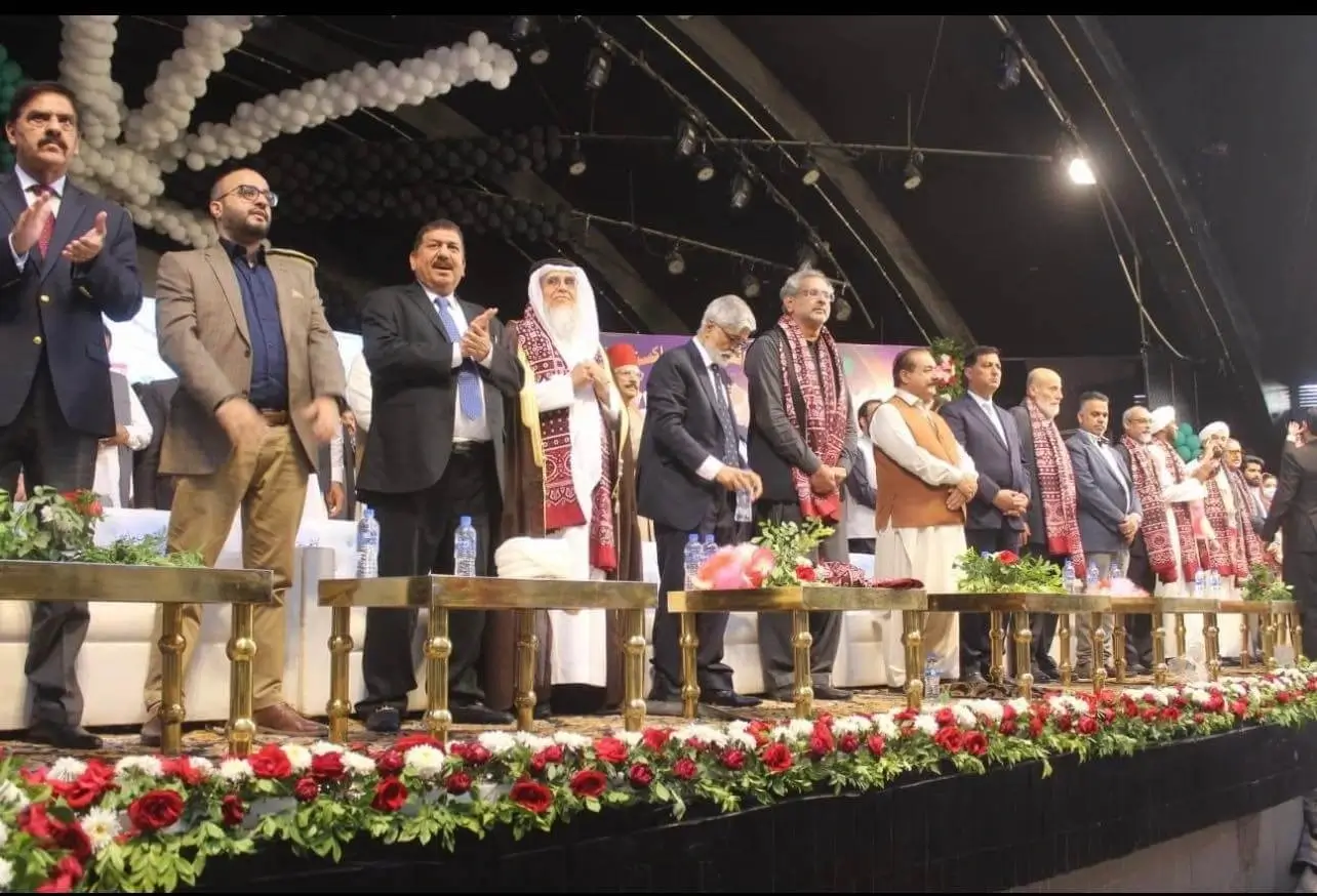 Former Premier Shahid Khaqan Abbasi at the stage of Anjman-e-Ittehad Abbasia Pakistan Convention