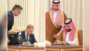 PM Shahbaz and Crown Prince MBS signing Defence Agreement between Pakistan and India