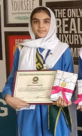 "Maseera Khan, a student of Government FG Public High School, Dera Nawab Sahib, has achieved remarkable success in karate."